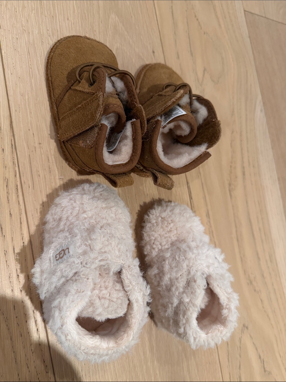UGG Toddler Chestnut Suede Boot & Cream Plush Slip-On Pair